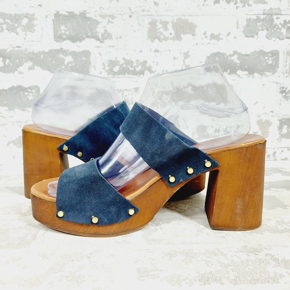 NEW Ilaria Sartori Blue Suede Platform Wood Block Heeled Sandals A272 - Picture 4 of 13